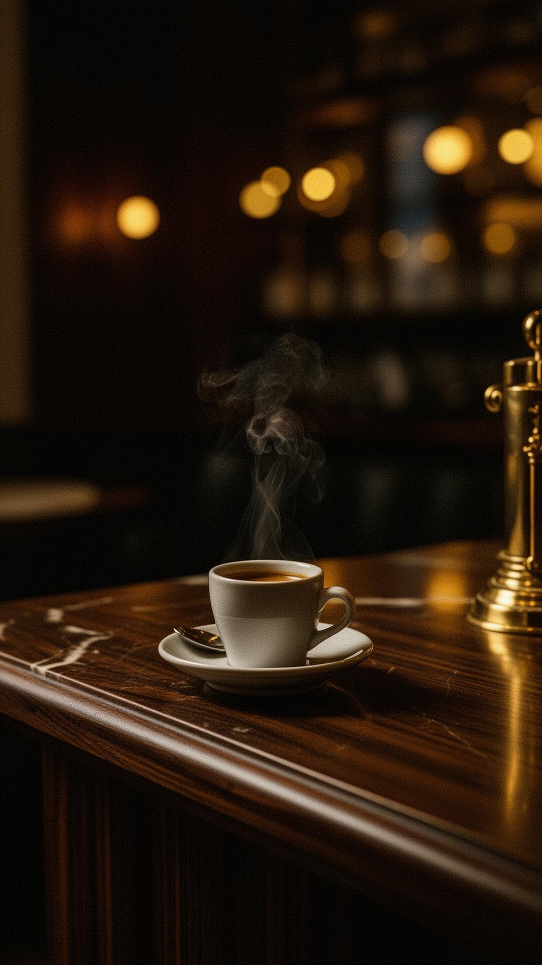A single porcelain espresso cup steaming on a dark walnut bar — the lounge after service.