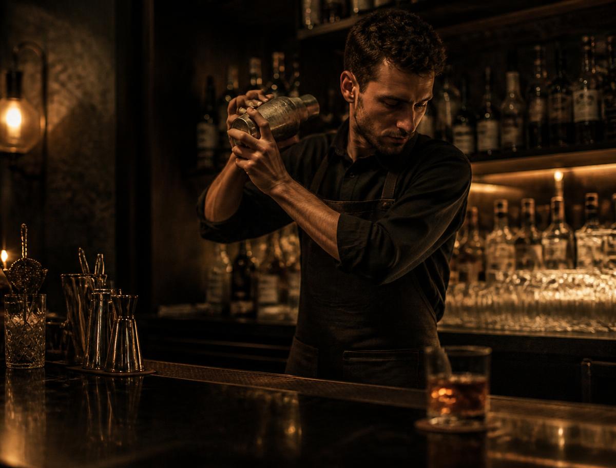 A bartender shaking a cocktail behind a dark bar
